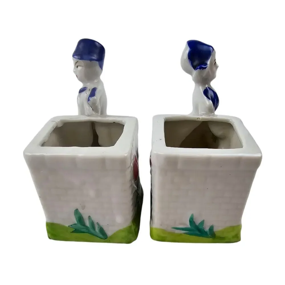 Vintage‎ Japan Dutch Blue & White Dutch Children 3'' Planters. Tulips,